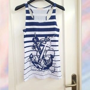Striped Blue and White Tank Top with Nautical Print